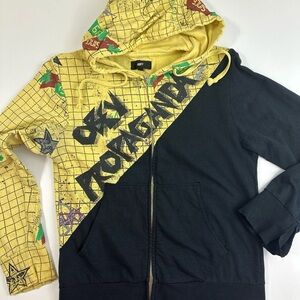 VTG OBEY Propaganda Hoodie S Yellow Black Zip Logo Star Grid Graphic '89 Cotton